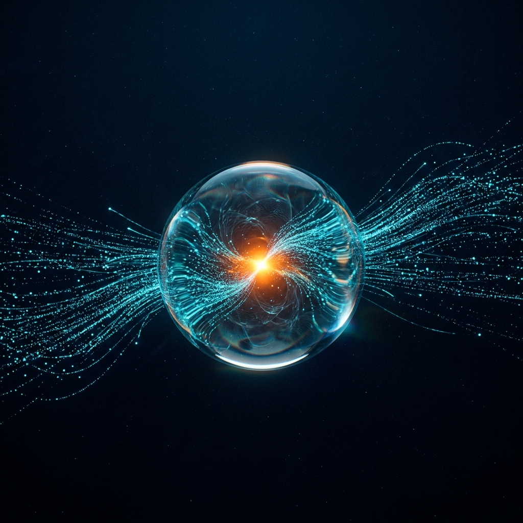 Data streams converging into a single point of light
